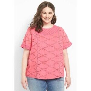 LANE BRYANT Classic Eyelet Mix Tee Women 20 Pink Gin Fizz SS Ruffle Cotton